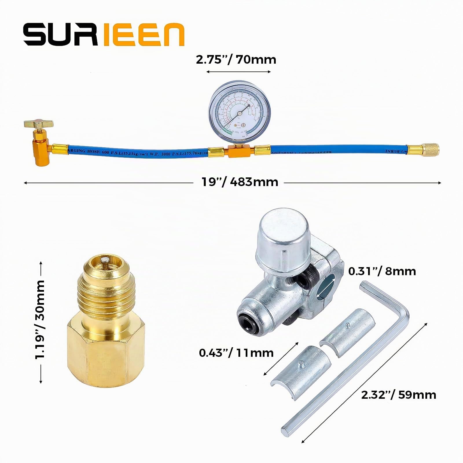 R134A AC Kältemittel Ladeschlauch Ventil Set | Manometer und BPV31 Bullet Piercing Tap Ventil-Set, 1/4 Zoll SAE Schlauch für R12 R22 Port, für Klimaanlage Kältemittelanlage