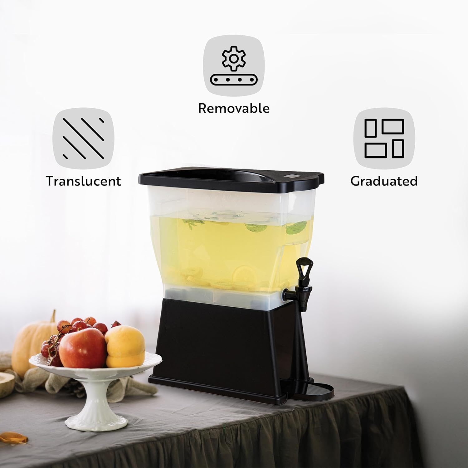 Restaurantware Bev Tek 3 Gallon Drink Dispenser 1 Dishwashable Beverage Dispenser - Detachable Tank Includes Decals Black Plastic Carnival Juice Dispenser With Stand Push-Button Spigot