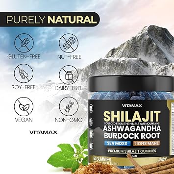 Pure Shilajit Gummies, Sea Moss, Ashwagandha, 105+ Trace Minerals Organic Burdock Root & Lions Mane Mushroom - Blue Razz Vegan & Non-GMO Made in USA 60ct