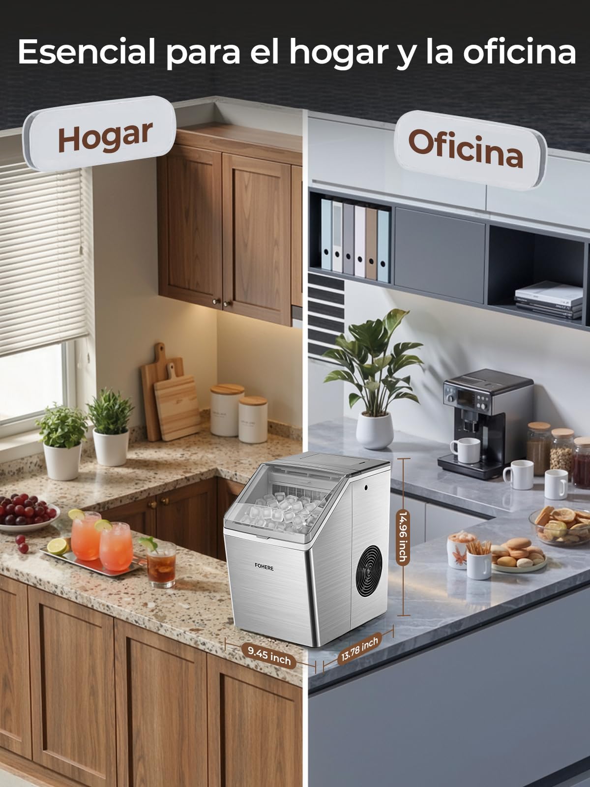 FOHERE Máquina de Hielo de Acero Inoxidable, 24kg/24h, 24 Cubitos en 10-15 Min, Tanque 3,2L con Temporizador, Autolimpieza & Descongelación, Doble Sistema de Llenado, Hostelería & Hogar