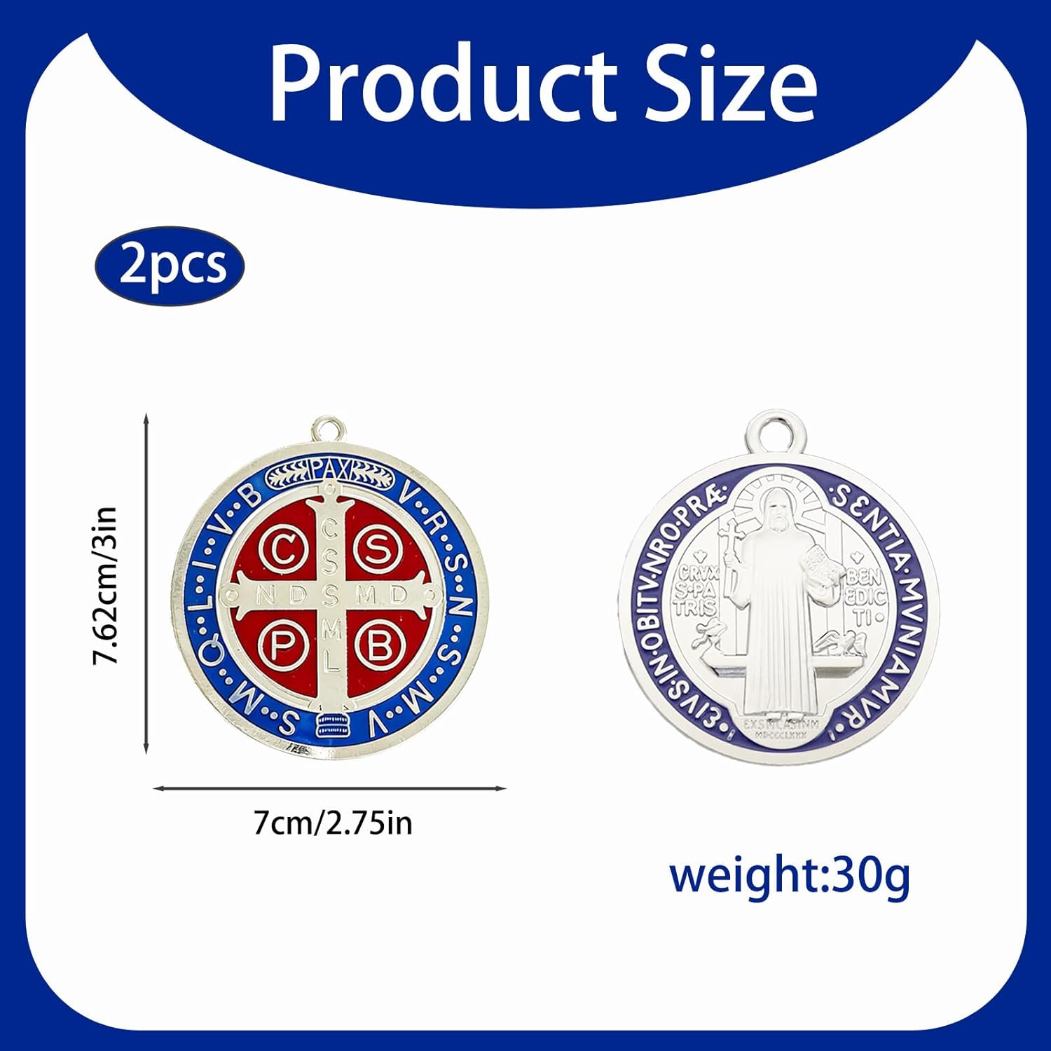 Cluksik 2PCS St Benedict Cross Medals, Vintage Large 3-Inch Brass Tone San Benito Wall Medal Pedant, Catholic Handmade Benedict Crucifix for Car Hanging and Home Blessing（Blue） - Image 2