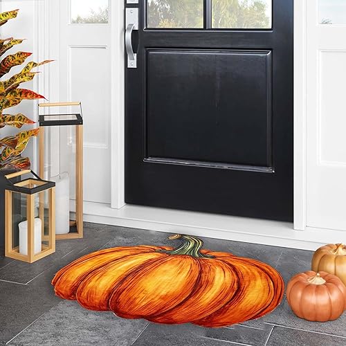 Miniatura 7 de FRJINIE Alfombra de calabaza de otoño, 31 x 22 pulgadas, antideslizante, lavable, tapete de bienvenida, bonito tapete de Halloween, Acción de