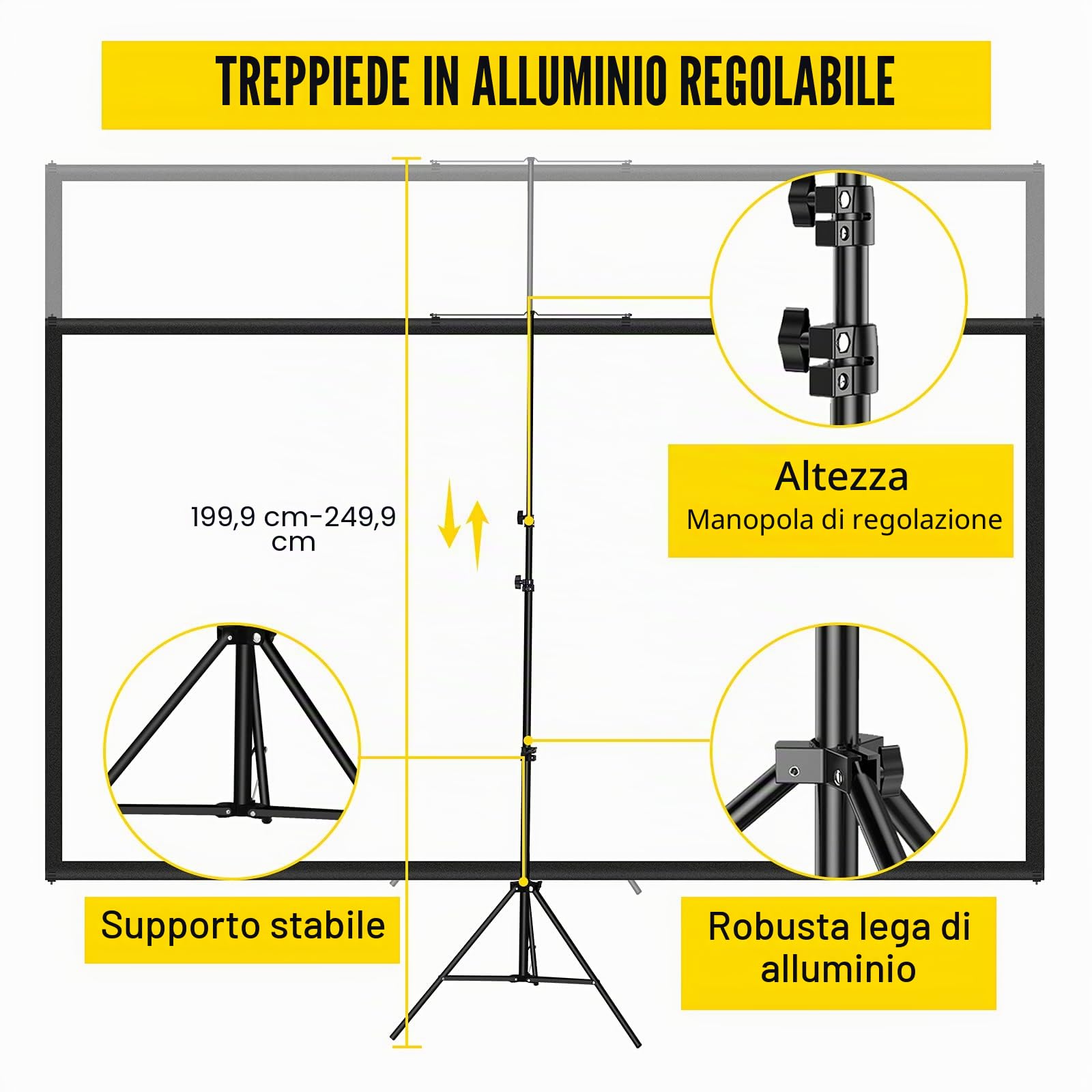 VEVOR Schermo per proiettore treppiede con supporto 110pollici 16:9HD supporto per schermo di proiezione in altezza regolabile schermo per proiettori interni ed esterni per film,giochi,ufficio