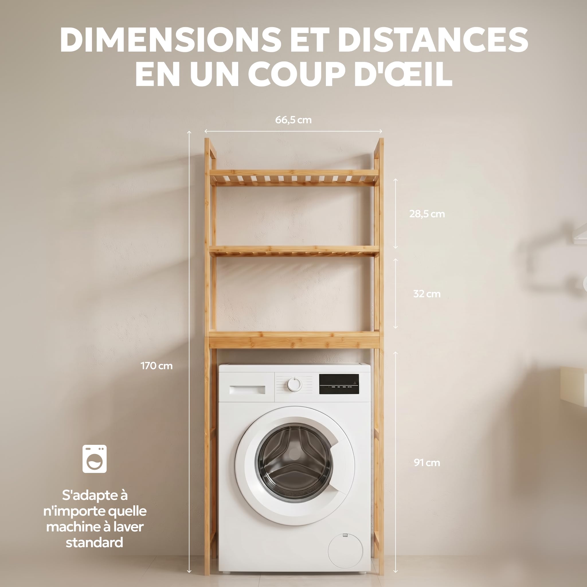 Meuble Machine à Laver Bambou - Meuble Buanderie Bois - Dessus Lave Linge | MY FAT GORILLA Meuble Machine à Laver Bambou 3 Étagères Bois – Meuble de Buanderie Dessus Lave Linge 66x26x170 cm