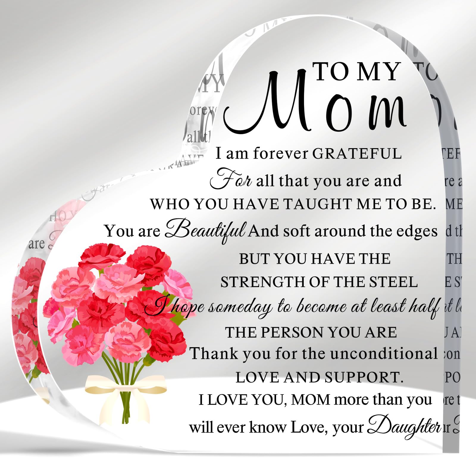 Yulejo Mom Birthday Gift from Daughters Sons to My Mom Heart Acrylic Sign Appreciation Plaque with Carnation Flower for Christmas Mother's Day