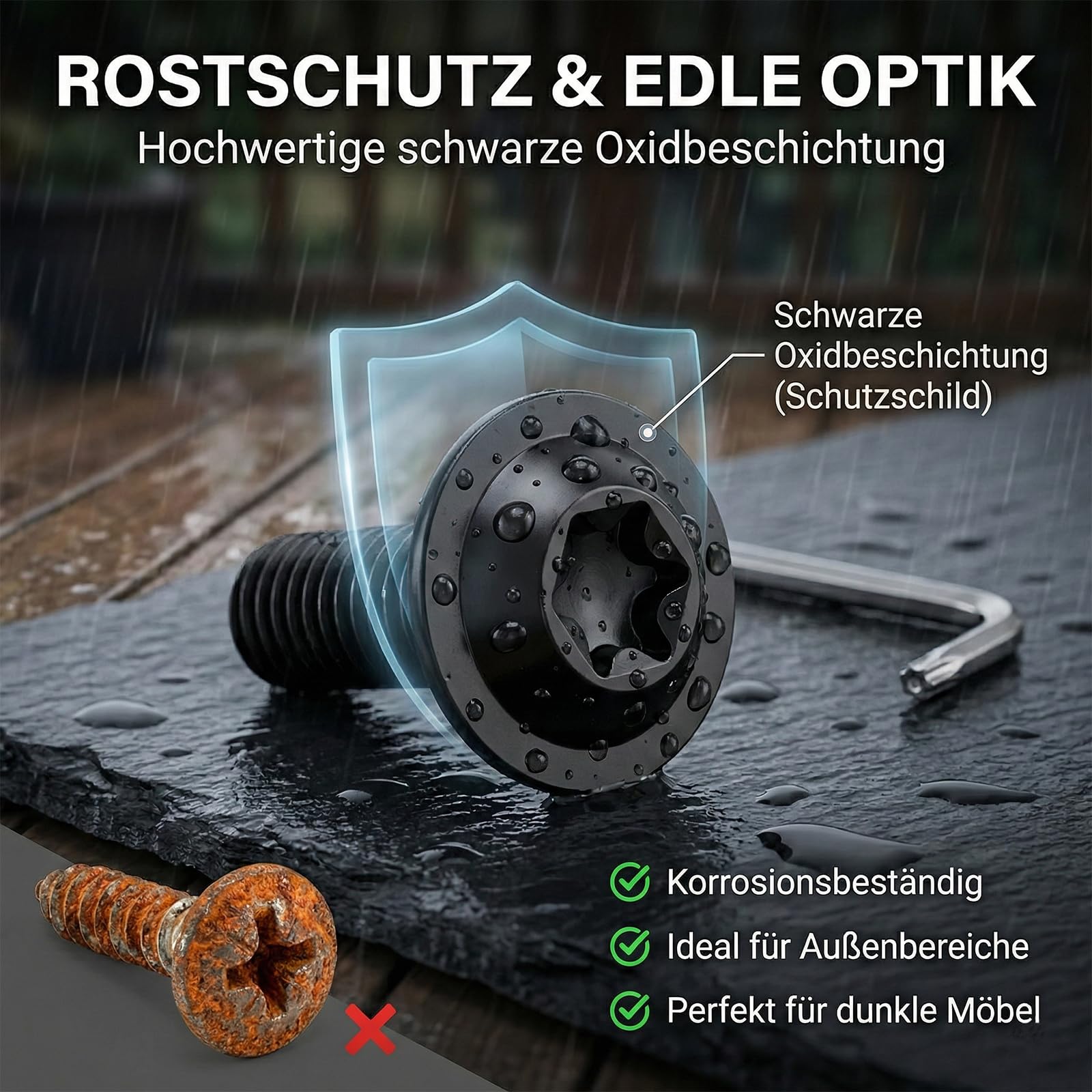 20 śrub M5 x 20 z łbem stożkowym Torx, kołnierz ze stali nierdzewnej A2 V2A, pełny gwint, czarny tlenek, z kluczem Torx