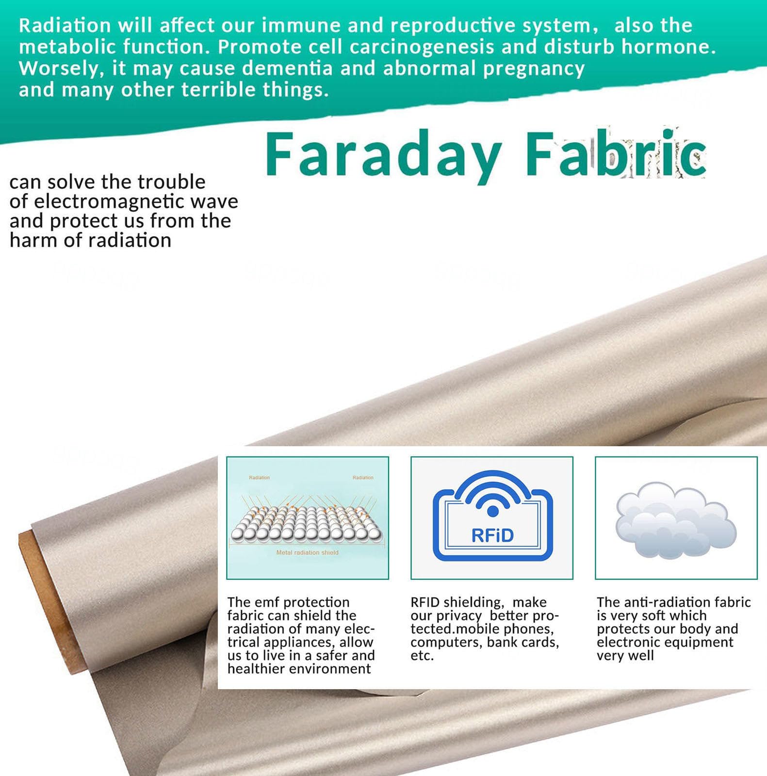 Tkanina ochronna EMF Faraday Fabric - EMI RFID Tkanina ekranująca RFID Anti-Promieniowanie Blokowanie sygnału WiFi i telefon komórkowy Kuchenka mikrofalowa, zasłony blokujące router, złoty-3m