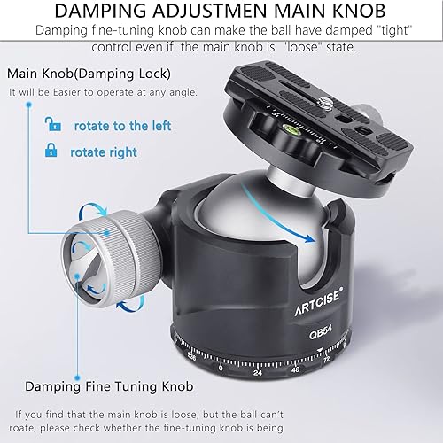 Miniatura 7 de Cabeza de bola de perfil bajo, bola única de 2.126 in, cabeza de trípode panorámica 360, cabeza de bola de metal de aleación de aluminio CNC Arca