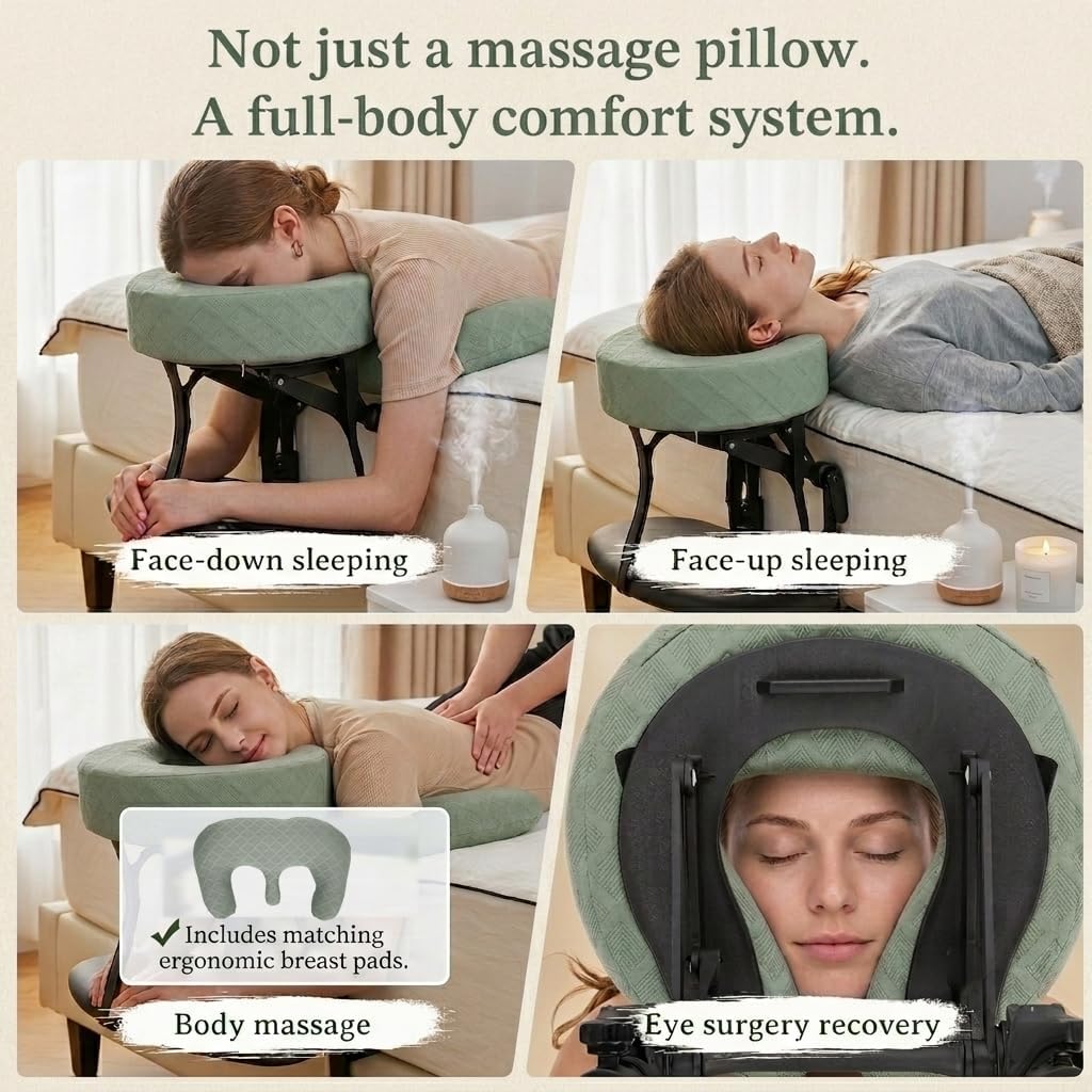 Massage Headrest for Bed with Arm Rest & Breast Pillow, Massage Face Cradle for Bed with Pu Leather & Foam, Ergonomic Massages Head Holder for Beds Women-Friendly Comfort After Eye Surgery - Green