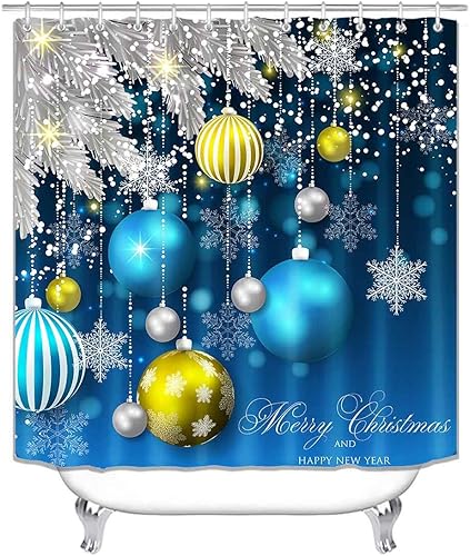 Miniatura 2 de Camille&Andrew - Juego de 4 cortinas de ducha con diseño de Feliz Navidad, bolas de Navidad amarillas y azules, ramas de pino plateado, decoración