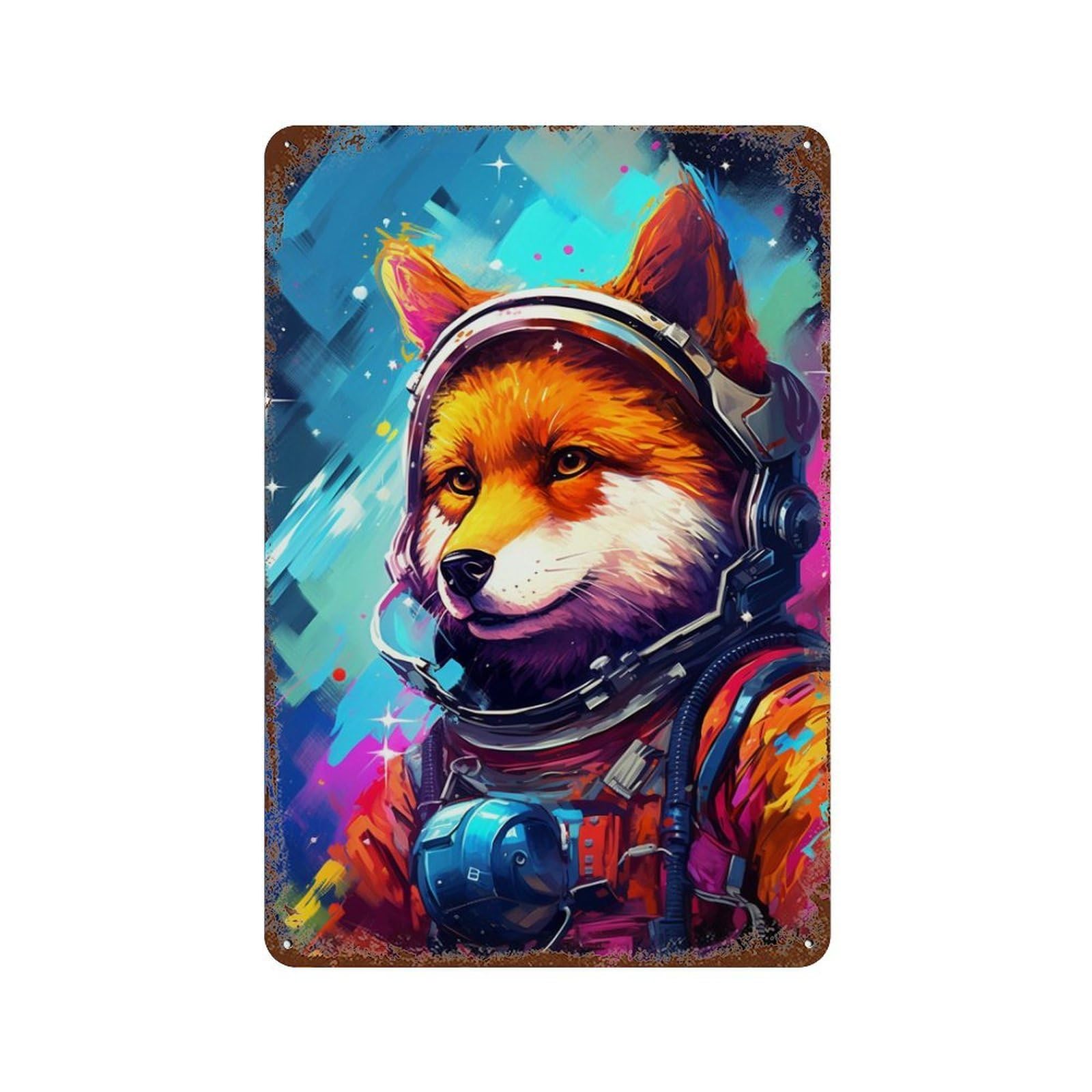 Fox Astronaut in Space Suit 11.8"x7.9" Rustic Tin Plaque, Novelty Wall Decor for Bistro, Counter And Cafe Decor