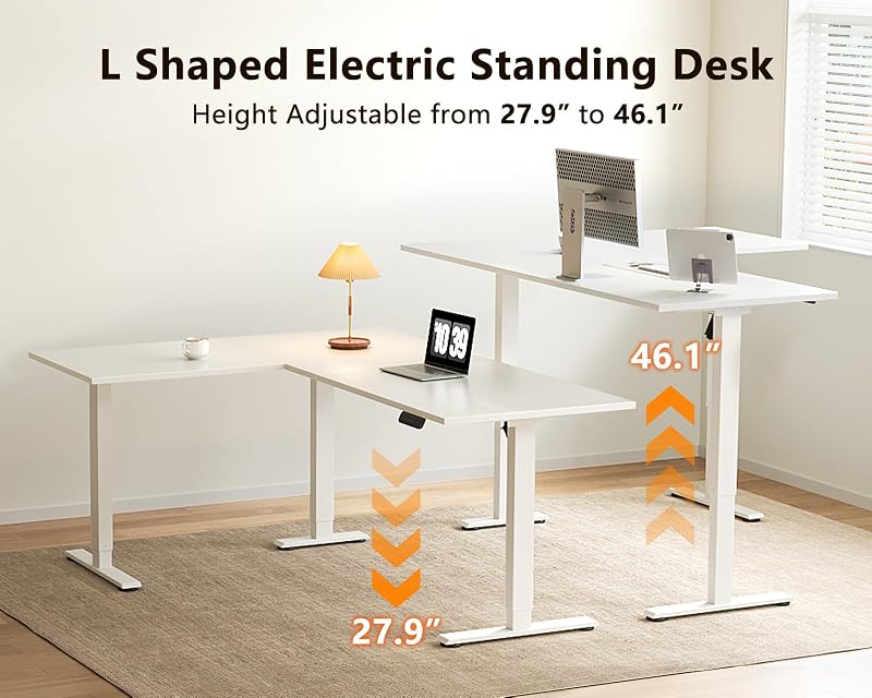 Casaottima 63 Inch L Shaped Electric Standing Desk, Home Office, White image 4