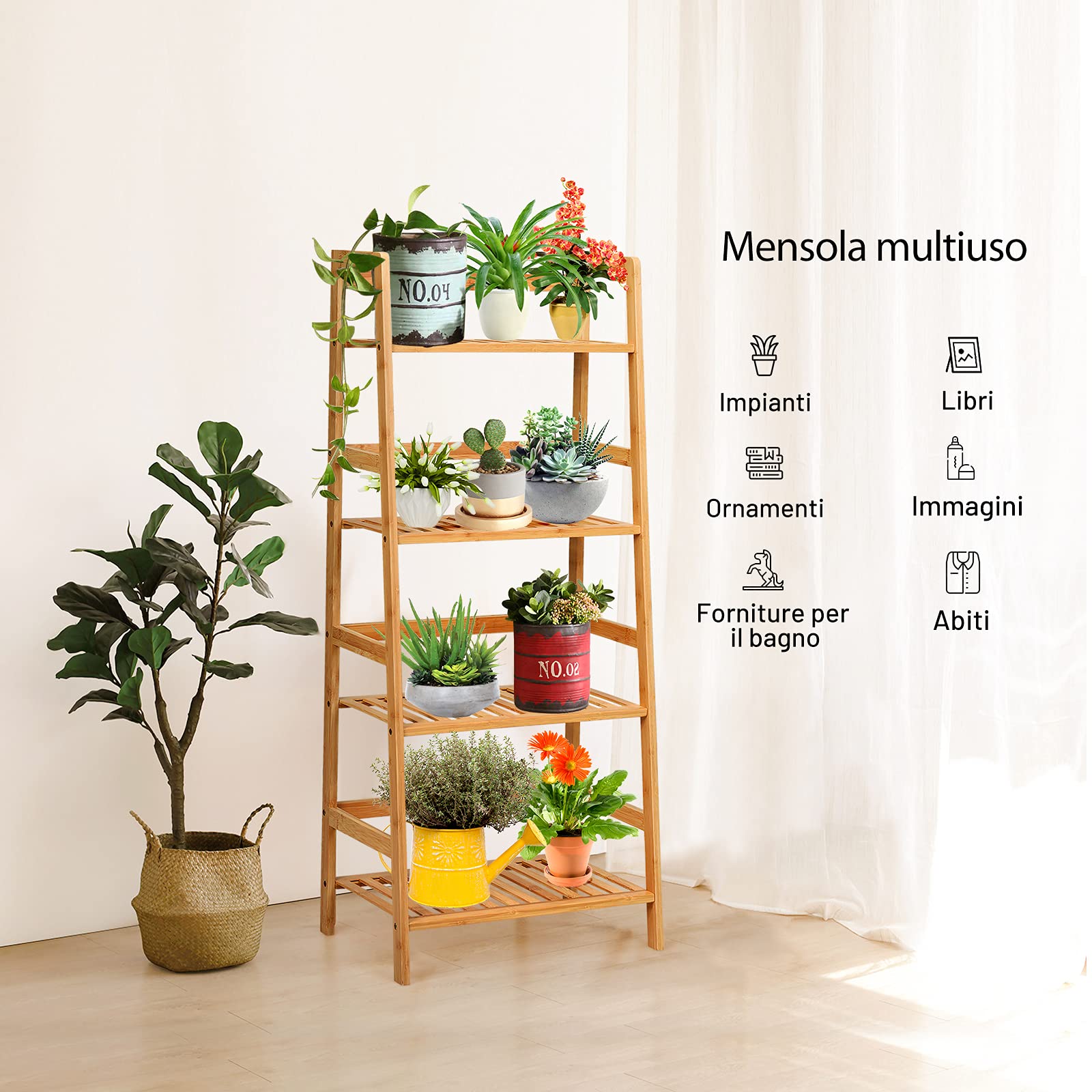 COSTWAY Scaffale per Piante in Bambù a 4 Ripiani, Scaffale Porta Vasi da Interno ed Esterno, Scaffale Portafiori per Balcone, Giardino e Cortile, 48 x 32 x 115 cm (Naturale)