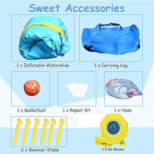 Miniatura 6 de OLAKIDS Tobogán acuático inflable, casa de rebote 6 en 1 con tobogán de pared de escalada para piscina, borde de baloncesto, pistola de agua, parque