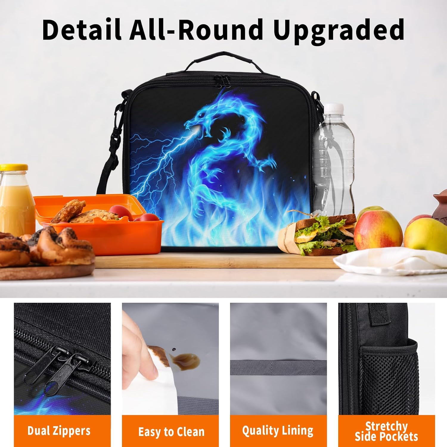 Blue Lightning Pattern Lunch Bag Blue Fire Dragon Lunch Boxes for Women/Man Office Work Travel, School, Work, Picnic, Durable Reusable Insulated Large Lunch Tote Bag with Adjustable Shoulder Strap - Image 3