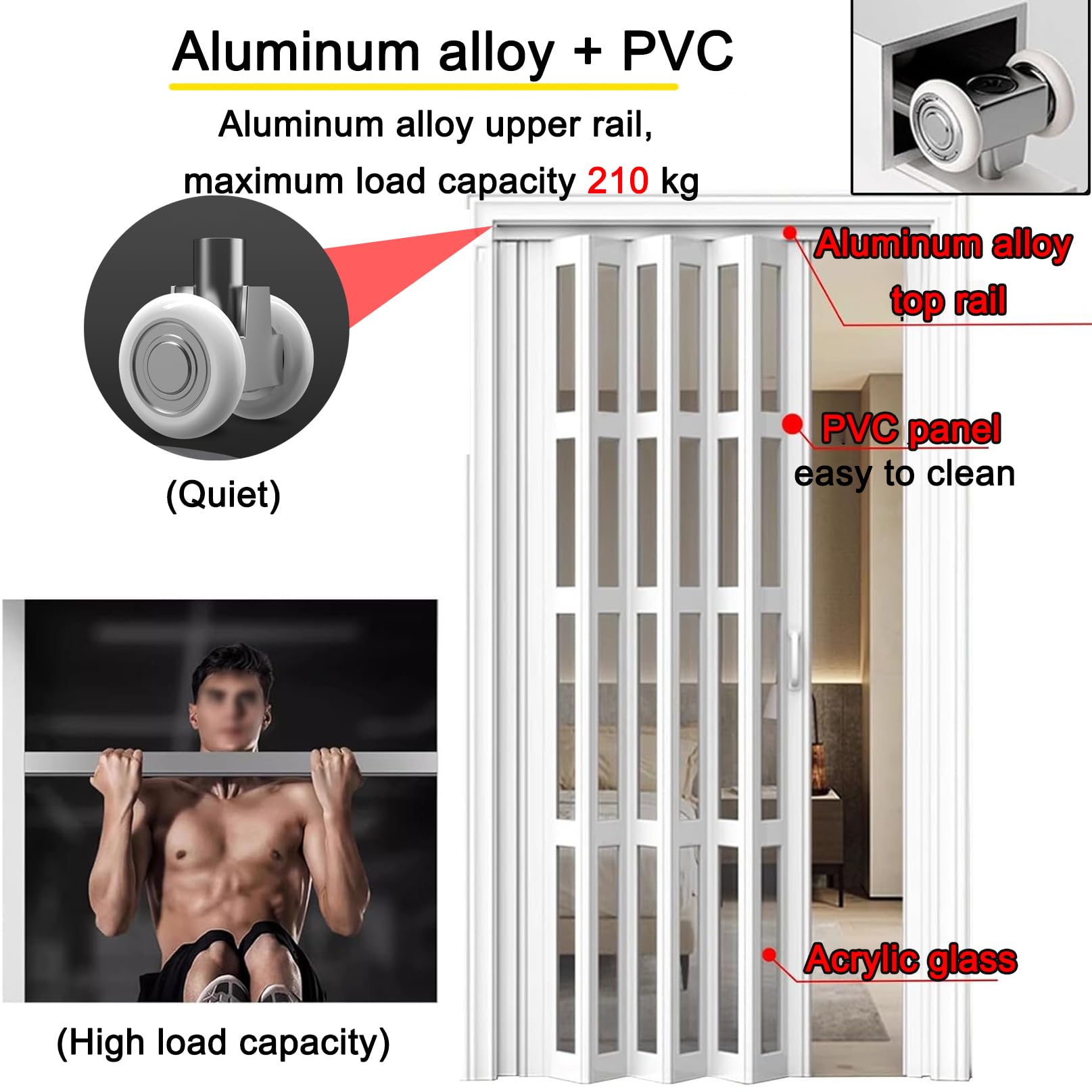 Portail Coulissant Intérieur Pliable 80in, Porte Accordéon Interieur, Porte coulissante à soufflet, Porte de Salle de Bain de Chambre à Coucher, pour salle de bain, chambre, buanderie, cuisine