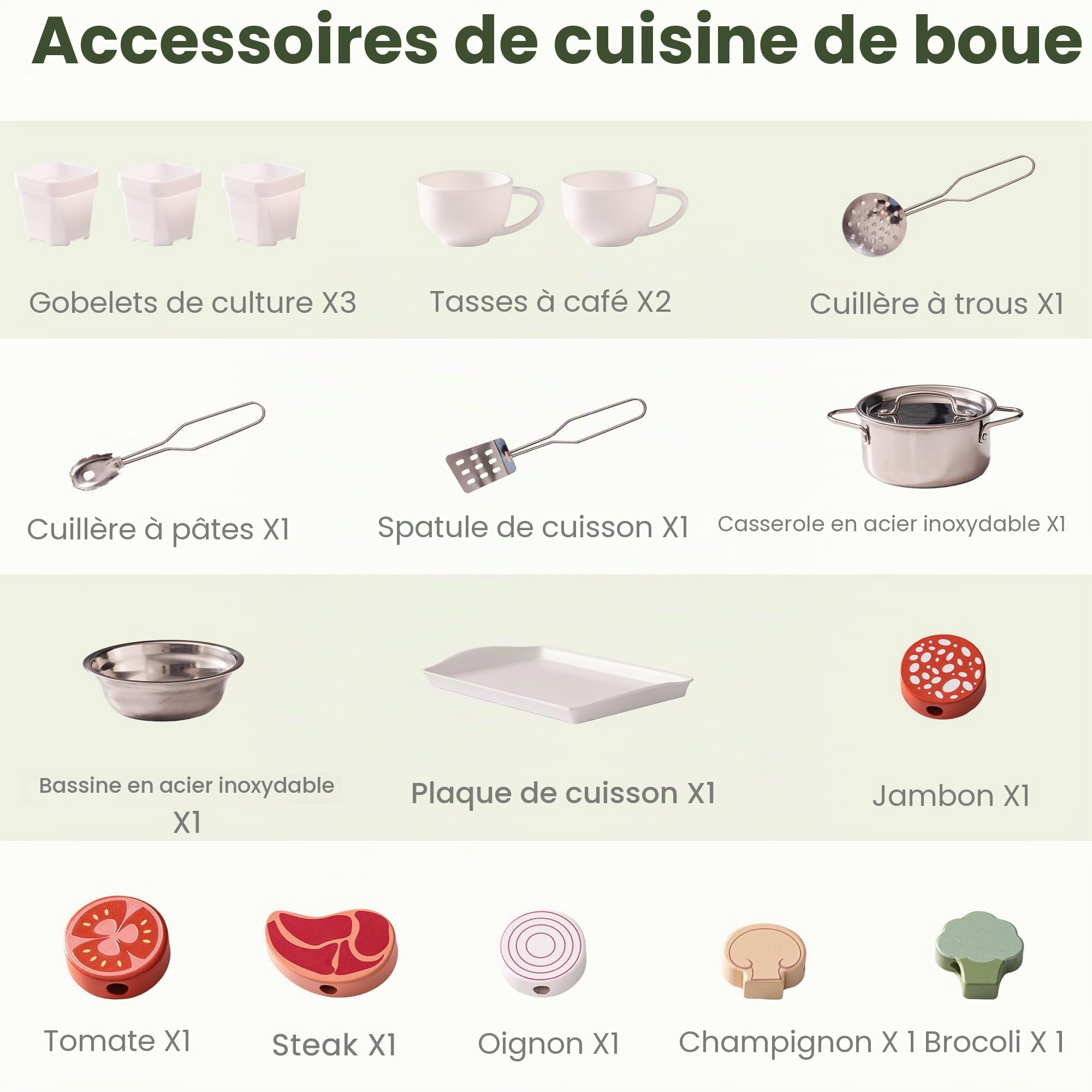 ROBUD Cuisine en Bois pour Enfants, 17 pièces de Cuisine avec évier, Tableau Noir et Accessoires, Cuisine extérieure pour Barbecue, Jeu de éducatif pour Les Enfants de 3 Ans et Plus