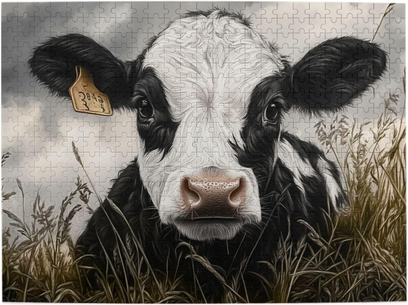 Farm Calf Portrait 500 Piece Adults Wooden Jigsaw Puzzle，Black & White Cow Face, Big Round Eyes, Wheat Grass Background & Grey Sky, Perfect Stress Relief for Adults & Nature Fans