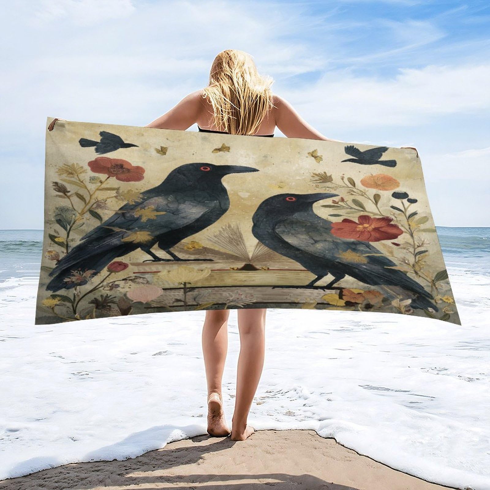 Luyysky Classic Aesthetic Animal Raven Quick-Drying Beach Towel, Vintage Gothic Rustic Wildlife Crow Plant Daisies Flowers Books Travel Vacation Single Sided Pile Bathroom Towels-80 W Cm X 160" L Cm