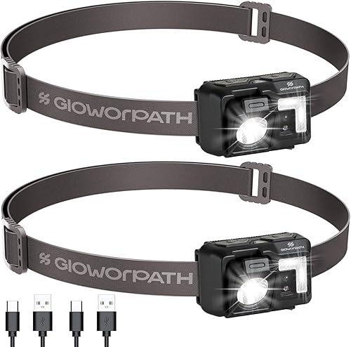 GloworPath Led Headlamp Rechargeable, Super Bright Headlight Flashlight with Red Light, Motion Sensor Head Lights for Forehead, Waterproof Lightweight for Adults, Outdoors, Camping, Running - 2 Pack