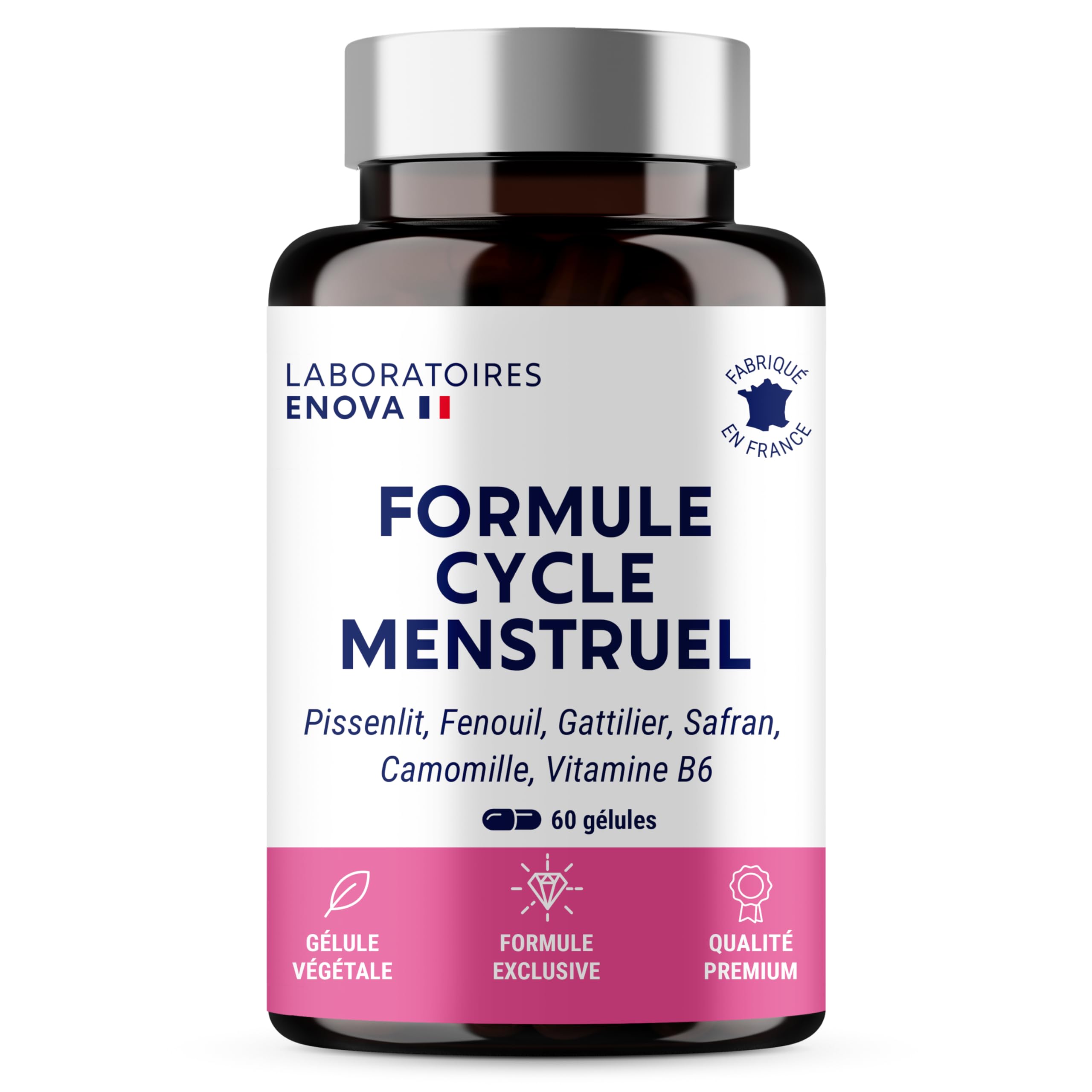 FORMULE CYCLE MENSTRUEL | SPM + Règles douloureuses | Pissenlit, Fenouil, Gattilier, Safran, Grande Camomille, Vitamine B6 | Complement Alimentaire 100% Naturel | 60 Gélules | Fabriqué en France