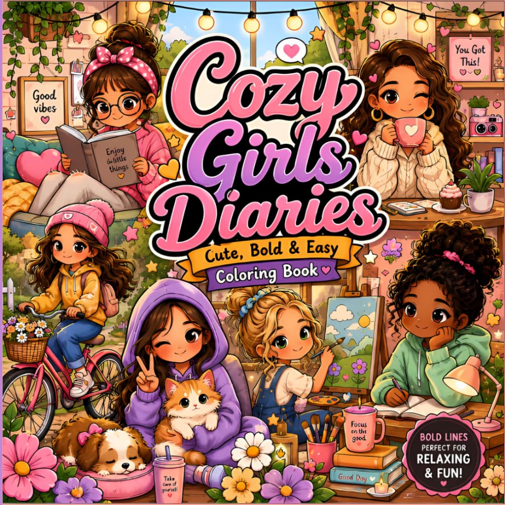 Cozy Girls Diaries: Cute, Bold & Easy Coloring Book For Girls Who Love Cozy Vibes, Relaxation And Adorable Everyday Moments