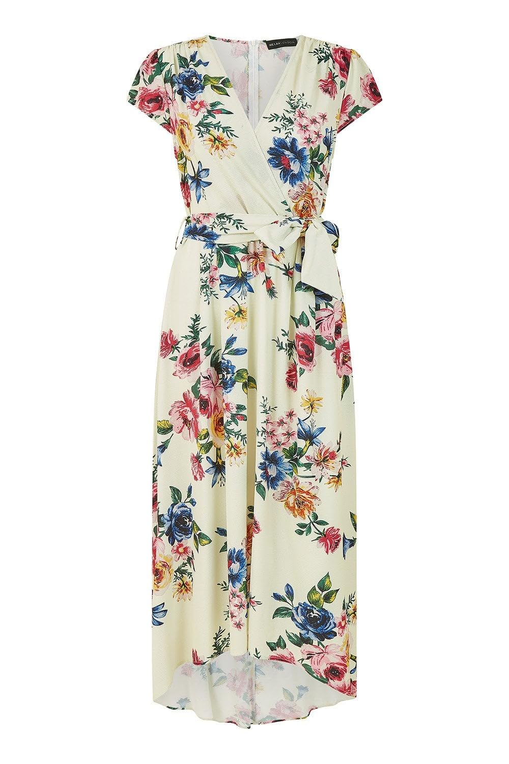 Mela London Women's White Mela Ivory Floral Wrap Dip Hem Dress 10