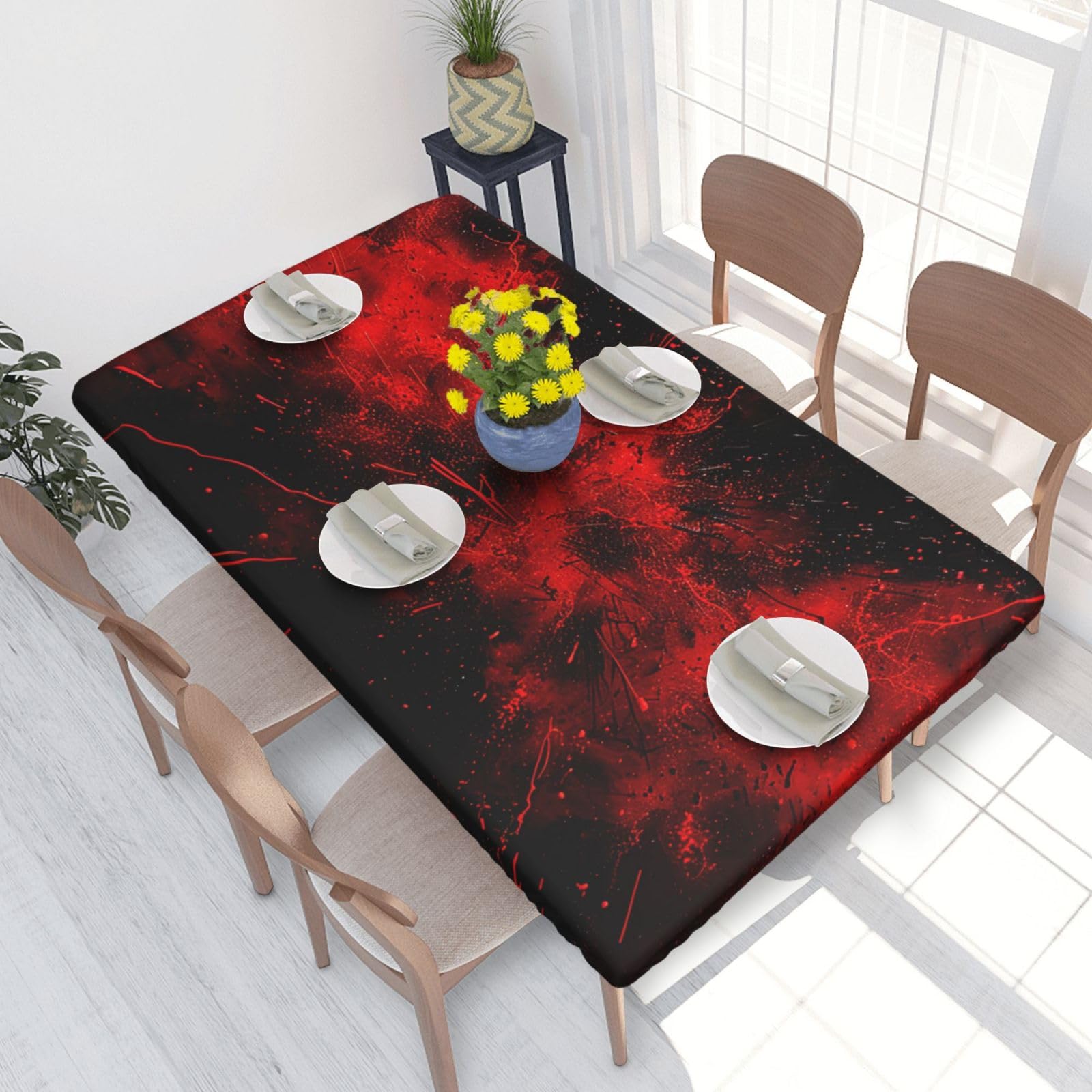 DCARSETCV Explosion Burst Red Black Printed 4FT Waterproof Tablecloth with Elastic Edged Protect & Decor Your Table, Oil-proof Washable Table Cloth Cover for Dinner Picnic Party