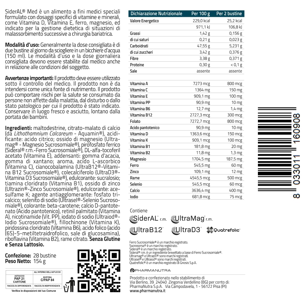 Sideral Med Integratore alimentare a Fini Medici Speciali, Ferro sucrossomiale®, Vit. A, C, D, E, K, PP, B5, B6, B9 (folato), B12, 28 Bust, Soggetti sottoposti a chirurgia bariatrica, Malassorbimento