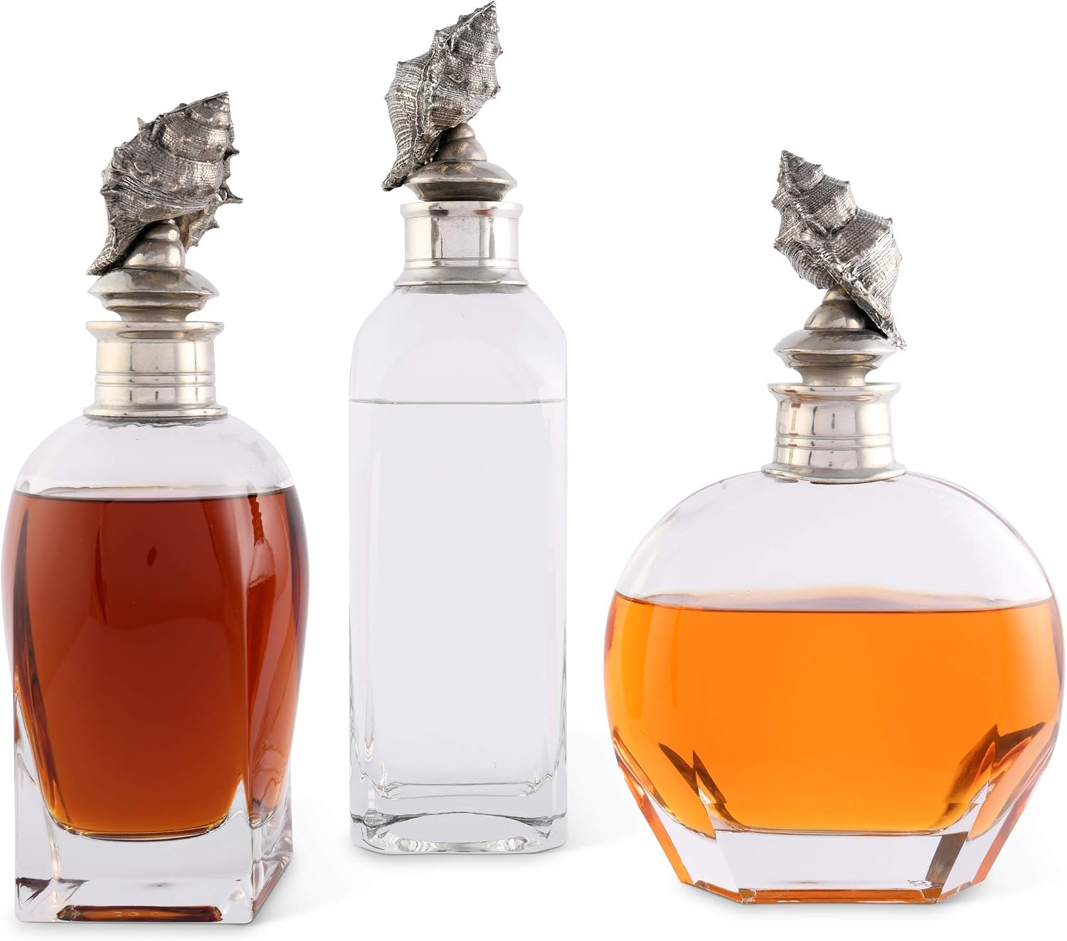 Vagabond House Pewter Ocean Shell Liquor Whiskey Liquor Decanters for Alcohol, Rum, Bourbon, Scotch, Wine Decanter Hand Blown Glass Perfect for Wedding and Housewarming Gift 10 inch Tall 750 ml