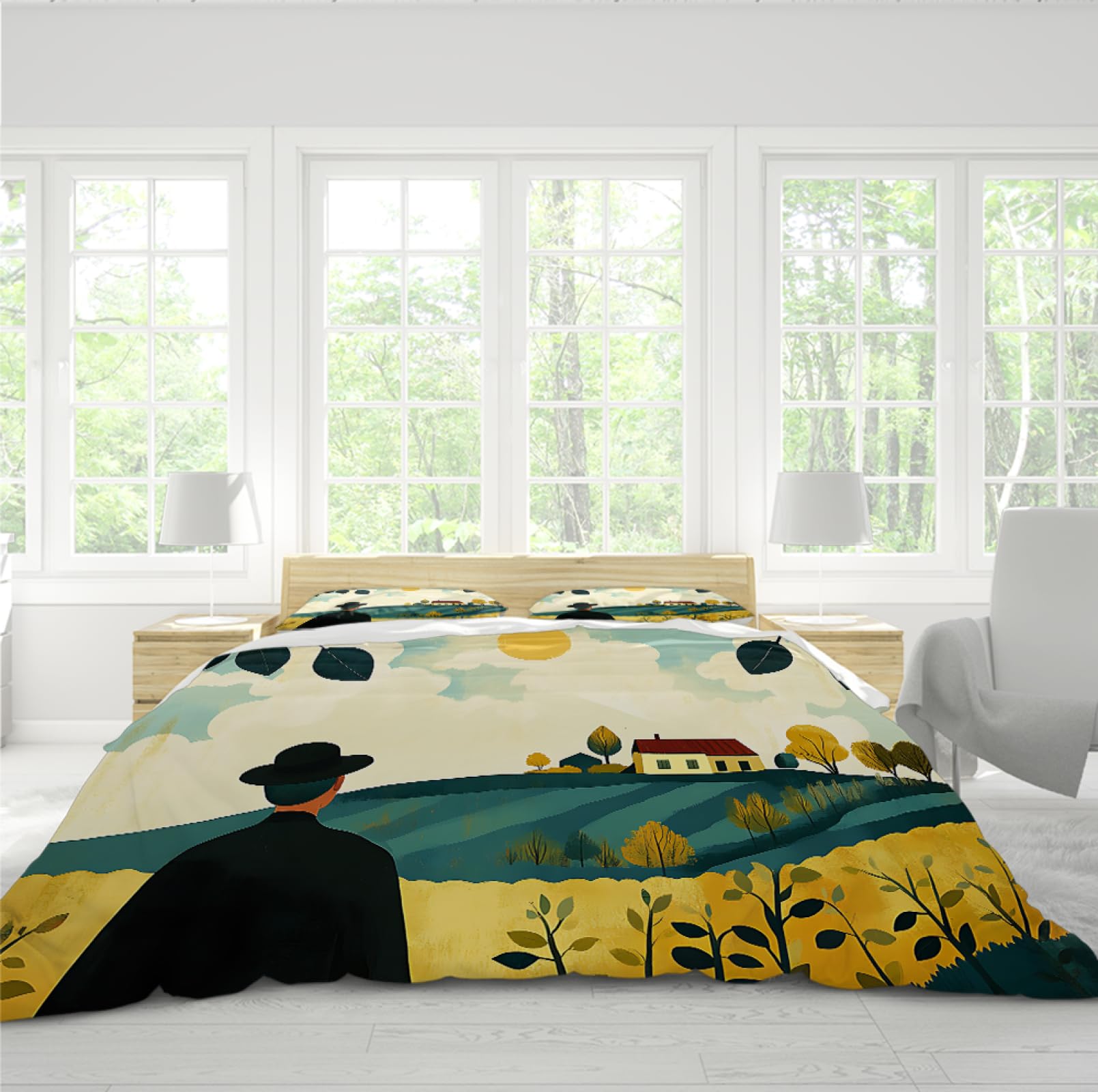 Diseño de Dibujos Animados Funda nórdica Hombre Mirando la casa 3 Piezas Juego de Funda nórdica con Cremallera 4 Lazos Juego de Ropa de Cama Suave y Acogedor con 2 Shams 220x240cm