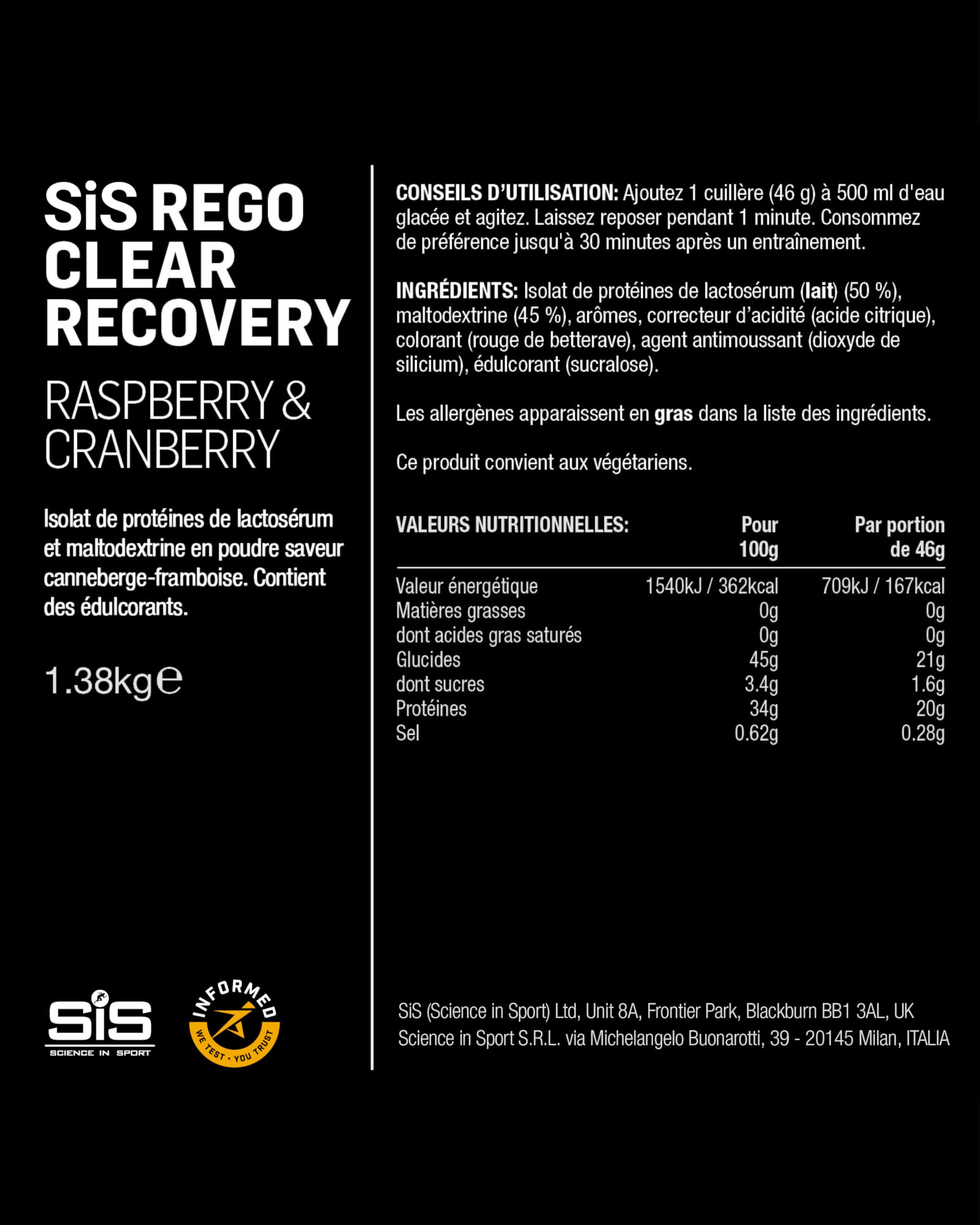 Science in Sport Rego Clear Isolate Poudre 1,38kg Framboise & Airelle - Poudre boisson récupération avec glucides, protéines et vitamines, soutient un entraînement efficace