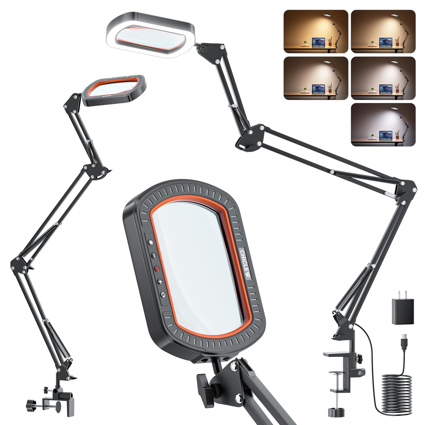 Photo 1 of 10X Rectangle Magnifying Glass with Light, 3 Arms 5 Color Modes Large Magnifying Glasses with Clamp, Lighted Desk Lamp Magnifier Hands Free for Crafts Jeweller Repair Painting Close Work Hobbies