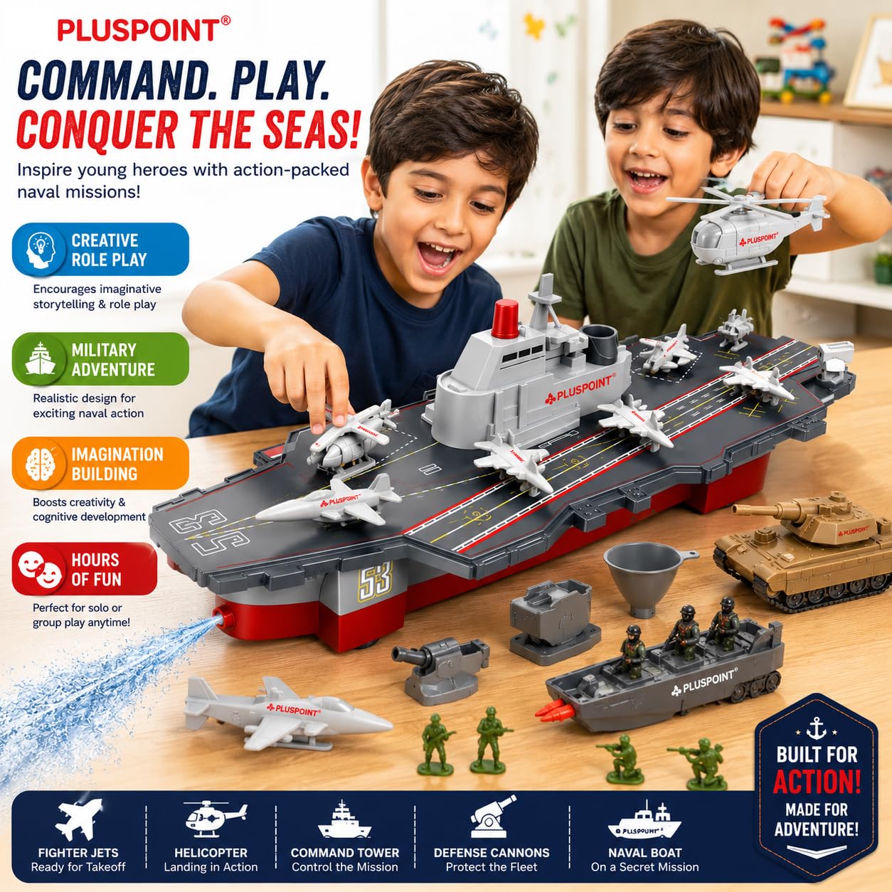 PLUSPOINT Big Aircraft Carrier Friction Powered Push n go with Water Spray Function Simulation Army Ship Warship Weapon Toy Military Vehicles Play Set Battleship Planes Fighter Jet 4