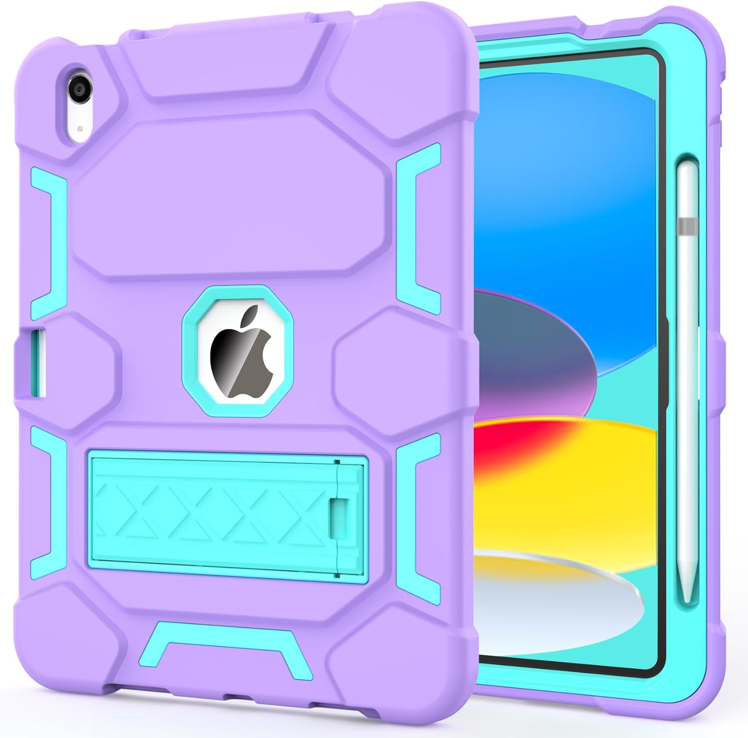 CCMAO Case for iPad A16 11th Generation (2025) 11 Inch / 10th Generation (2022) 10.9 Inch, with Kickstand and Pencil Holder, Fully-Body Rugged Heavy Duty Shockproof Protective Case, Purple+Green