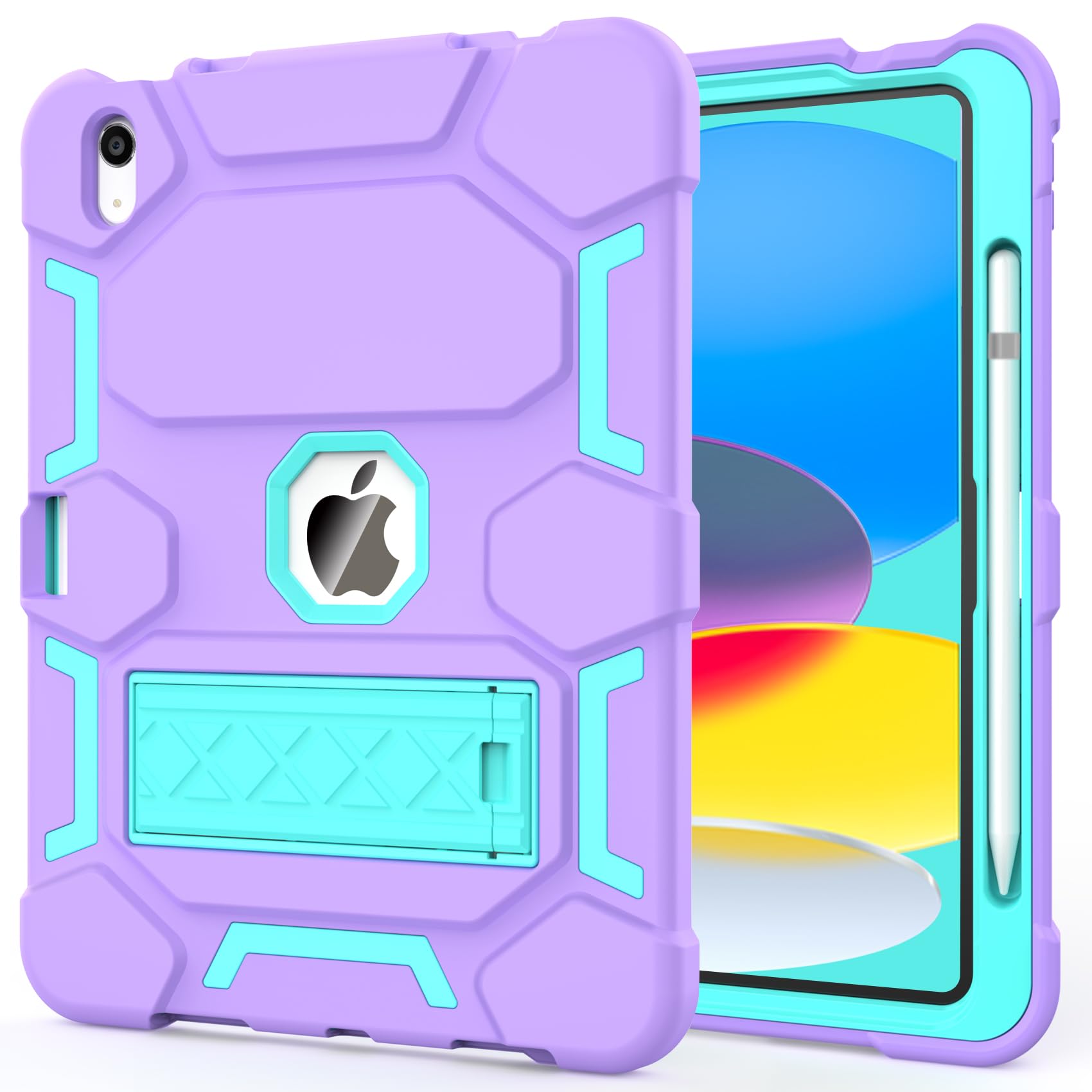 CCMAO Case for iPad A16 11th Generation 11 Inch 2025, iPad 10th Generation 10.9 Inch 2022, with Kickstand & Pencil Holder, Heavy Duty Shockproof Hybrid Protective Cover for Kids Girls, Purple+Green