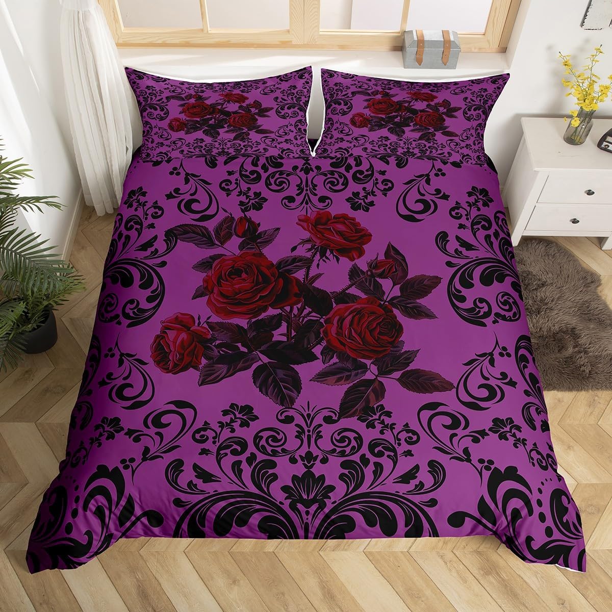 Erosebridal Rose Floral Queen Comforter Cover for Girls Women Gothic Boho Damask Bedding Sets Purple Black Bohemian Exotic Floral Duvet Cover for Adults Luxury Romantic Aesthetics Quilt Cover