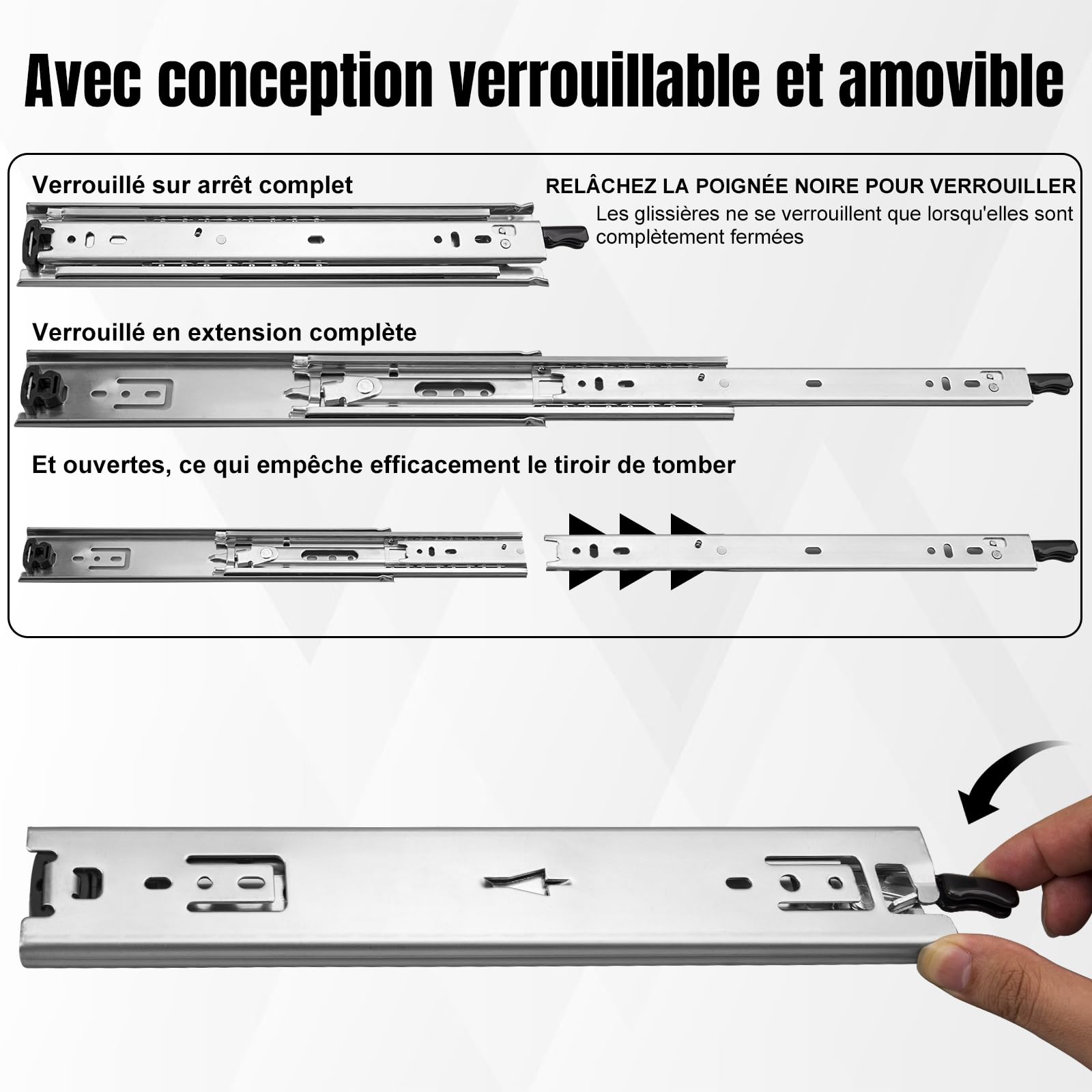 HLC Glissiere pour Tiroir Avec Serrure 1 Paires (2 pcs), 950 mm Coulisse Tiroir Robustes, Capacité de Poids 113 Kg, Extension Complète Avec Glissières à Roulement à Billes