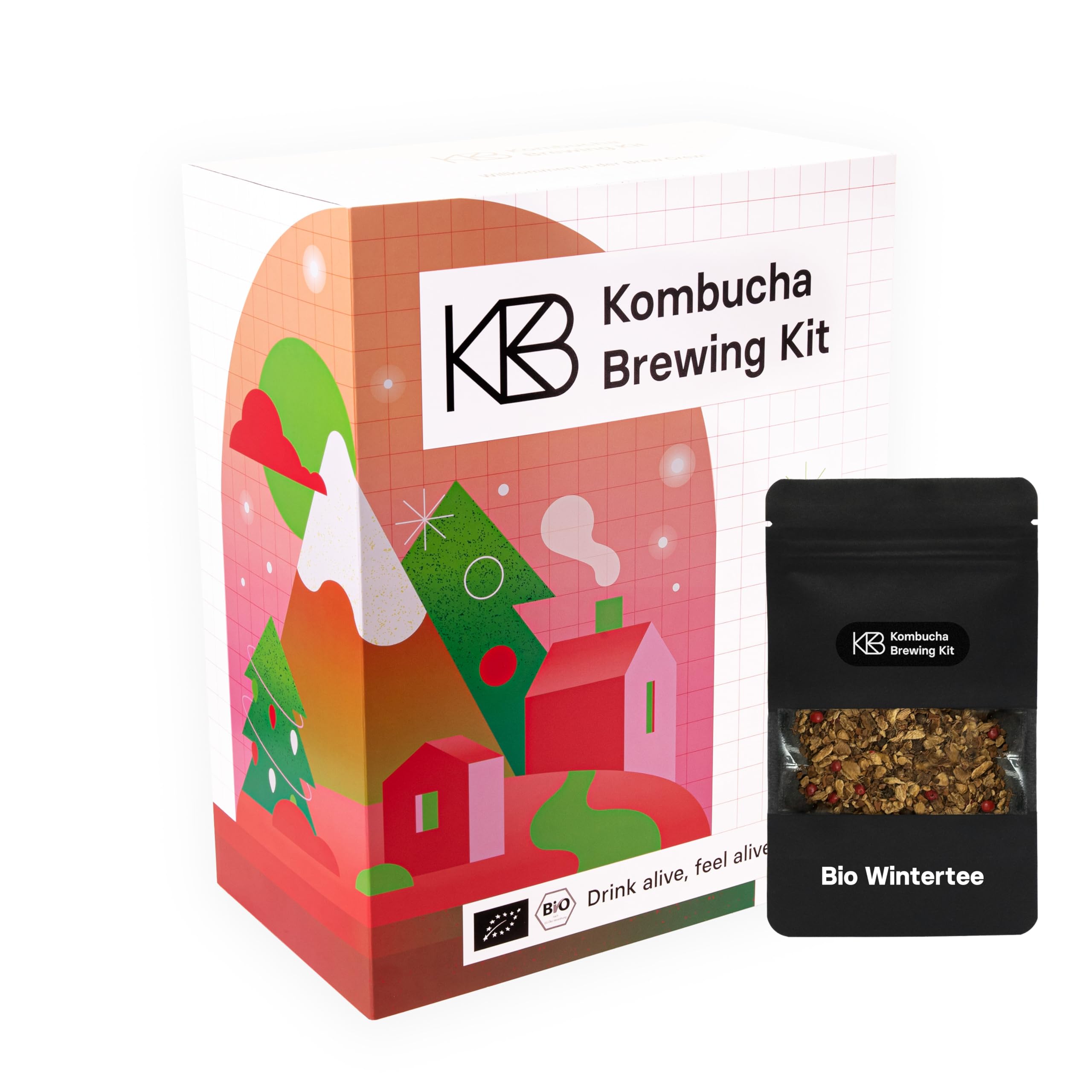 Winter-Edition Kombucha Brewing Kit Infusion Bundle mit Bio Wintertee, Bio SCOBY, Kombucha Pilz und 4 Infusion-Geschmacksrichtungen, mit Gärgefäß, Bügelflasche, Rohrohrzucker, Glasstrohhalm