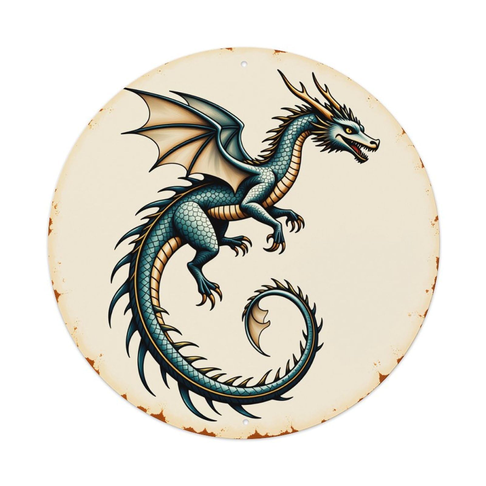 Dragon With Wings And Scales Vintage Metal Tin Sign Retro Wall Decor for Home Bar Garage Cafe, Indoor & Outdoor Decorative，circle Metal Poster, 8x8 Inch