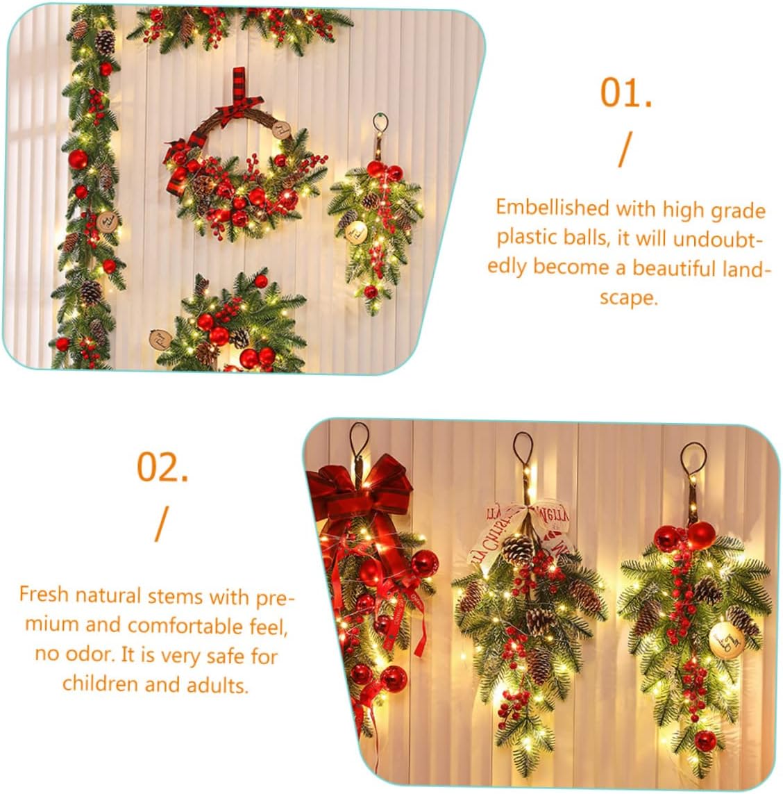 WOONEKY Christmas Teardrop Swag Ornament Hanging Decor for Wreath Natural Greenery Pine Needles for Holiday Home Decor and Festive Celebrations