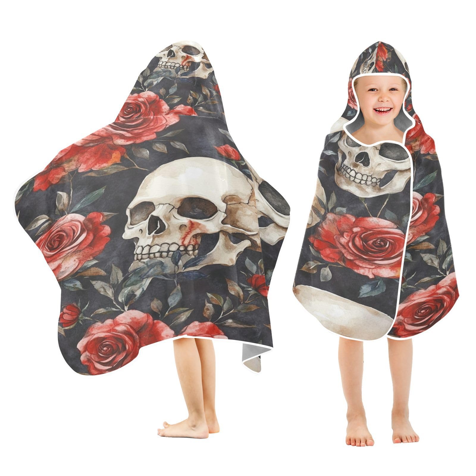 Kigai Skull Rose Hooded Beach Towel for Kids Soft Absorbent Quick Dry Bath Towel with Hood Lightweight Toddler Shower Pool Bath Wrap for Boys Girls
