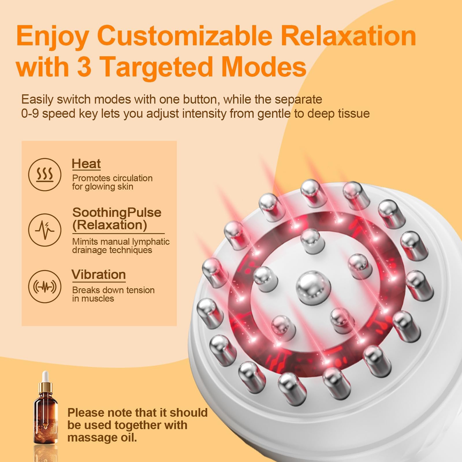 ZY ZERYEW Masajeador de drenaje linfático de mano 3 en 1 con luz roja, calor y vibración, herramienta de masaje anticelulítica inalámbrica para relajación corporal, 3 modos y 9 velocidades para
