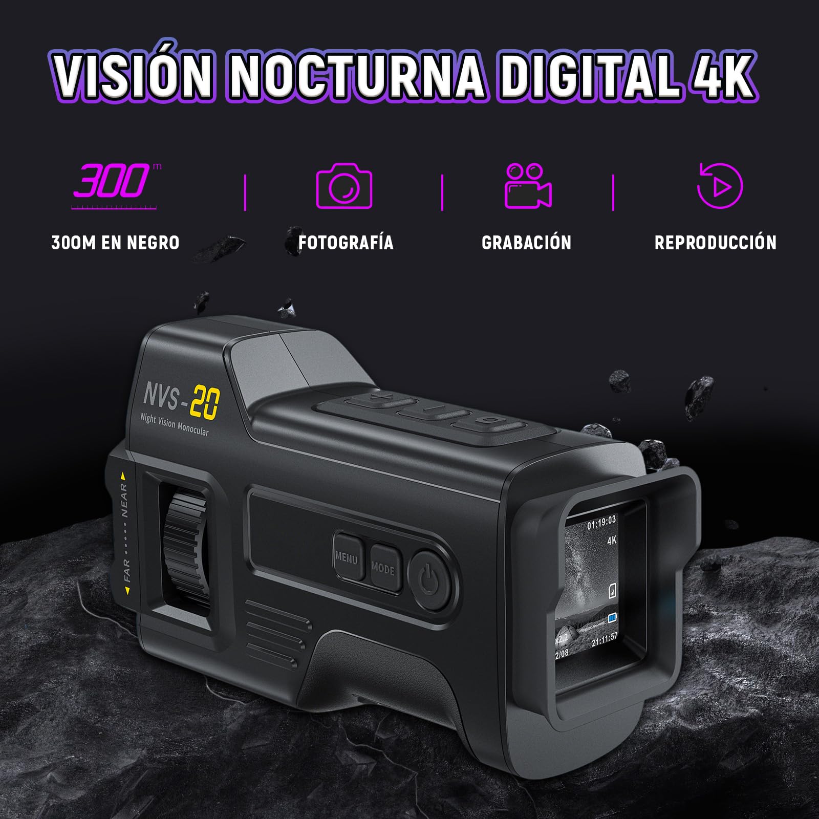 NVS-20 4K 36MP Monocular Vision Nocturna para Adultos, Zoom 6X Visor Nocturno con IR 850nm 7 Niveles, Pantalla de 1,54", Batería 18650 Extraíble, Tarjeta 32GB, para Exteriores, Camping