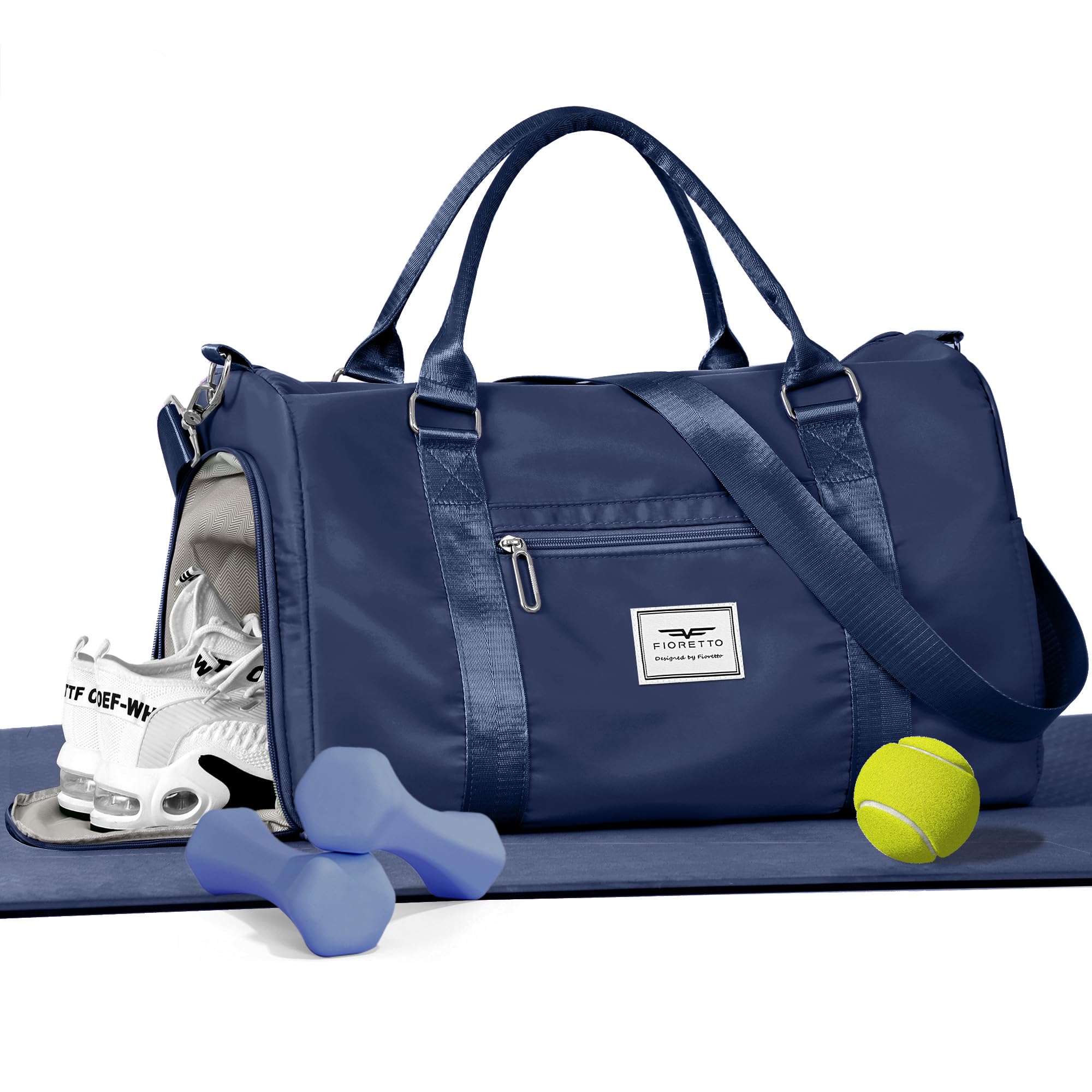 FIORETTO Womens Gym Tote Duffle Bag with Wet Pocket &amp; Shoe Compartment, Sports Duffel Overnight Weekender Hospital Workout Carry on Bag for Girls, Ideal for Travel, Swimming, Dance, Ballet Navy Blue