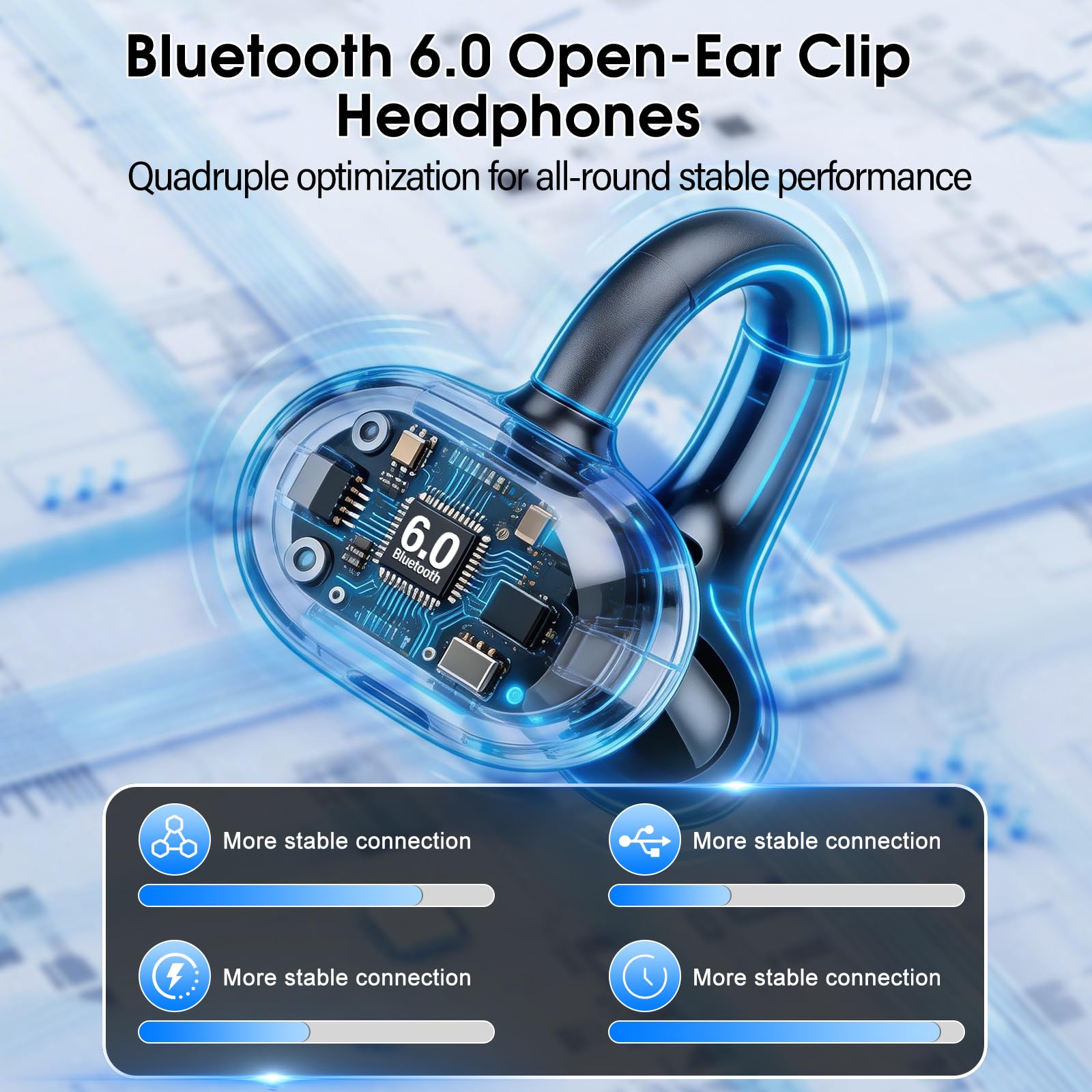 Open Ear Bluetooth 6.0 Kopfhörer mit Herzfrequenzmessung, Clip On Earbuds | 72H Kabellose Ohrhörer, HiFi-Sound, benutzerdefinierter APP-EQ und 6 EQ-Modi, benutzerdefinierte Tippsteuerung, Schwarz