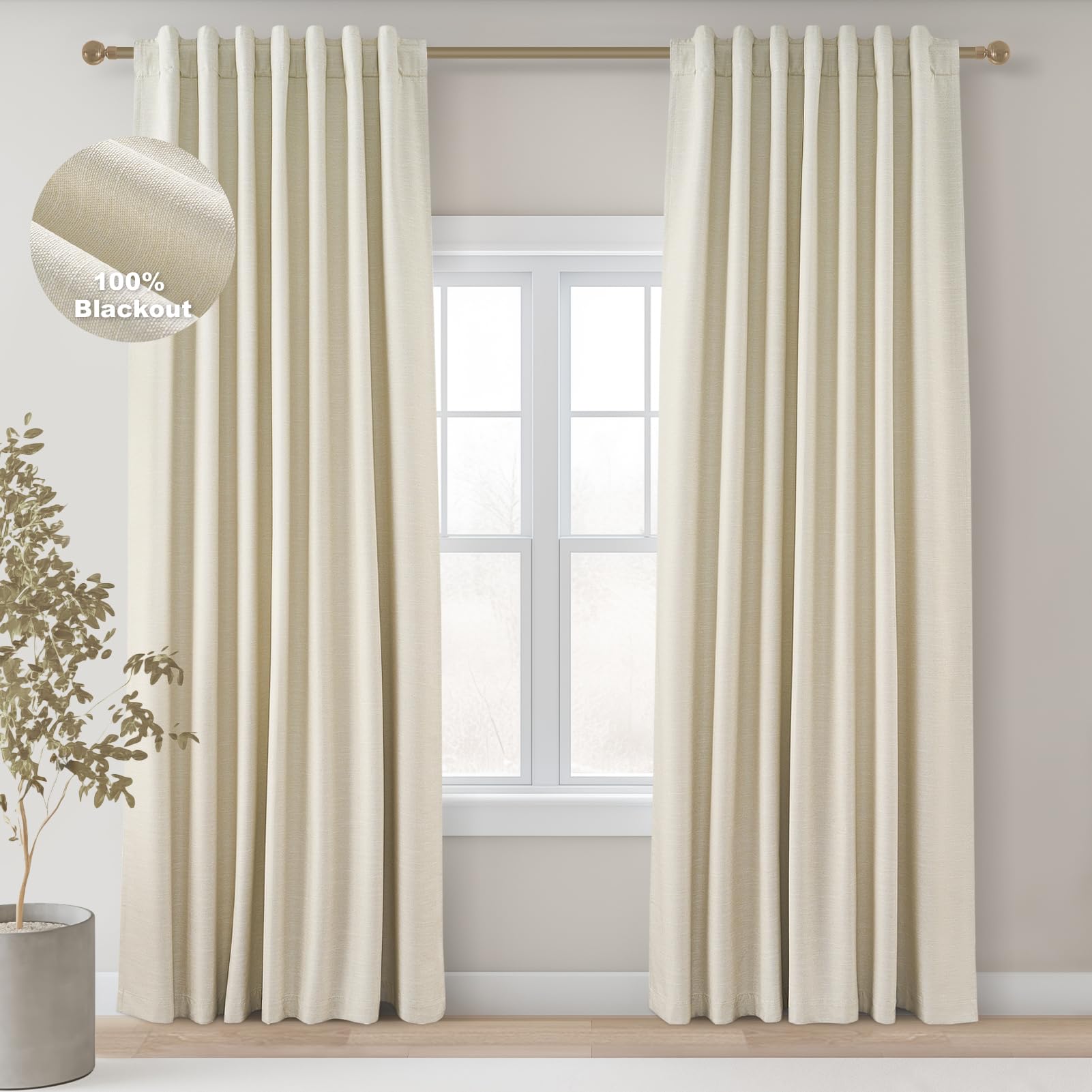 Topfinel 102 Inches Long Cream Colored Custom Total Blackout Linen Curtains, Rod Pocket Curtains with Pin Hooks for Traverse, Aesthetic Burlap Viral