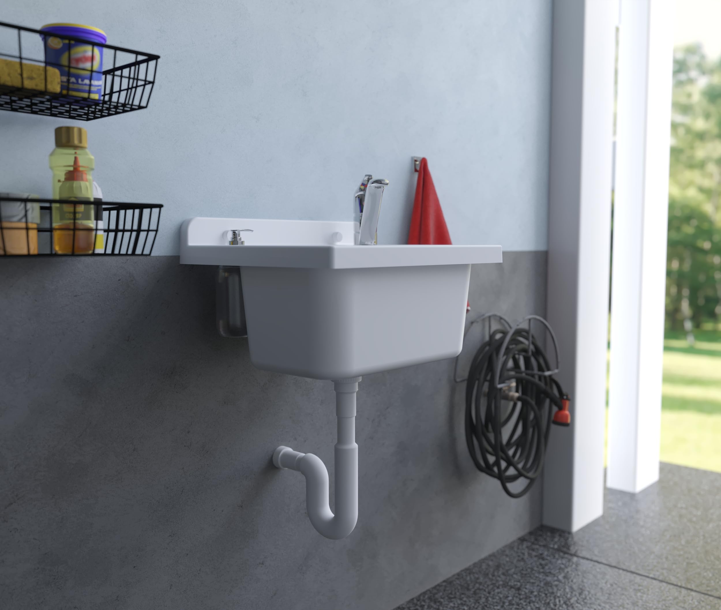 Negrari Lavandino Pilozzo a Muro in Resina PP, Resistente agli acidi di uso comune, Resistente all'umidità, Kit di scarico e di fissaggio inclusi, Interno e Esterno, L42 x P34 x H21 cm, Bianco