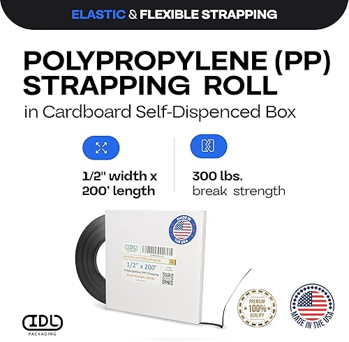 Miniatura 36 de IDL Packaging Bobina de flejado de polipropileno (PP) de 1/2" x 200' (resistencia a la rotura de 300 libras) en caja autodispensada de tablero