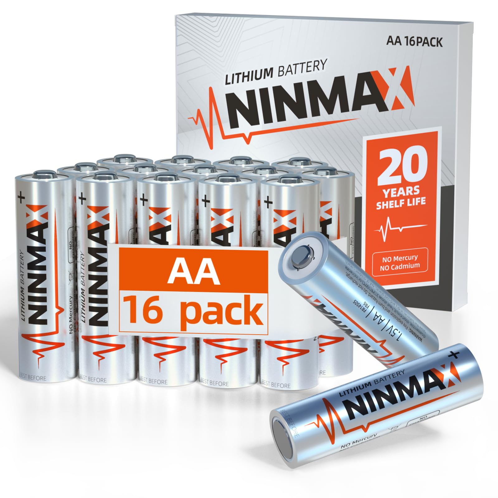 NINMAX® Lithium AA Batteries 16 Pack, 3500mAh 1.5V Longest Lasting Double A Battery for High-Drain Devices【Non-Rechargeable】